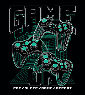 Gaming illustration, game on, wireframe gaming console vector print