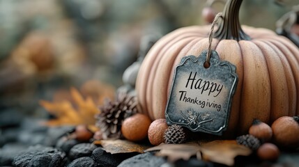 A close-up of a large cartoon pumpkin on a rocky path surrounded by acorns and pine cones with a bright tag that says "Happy Thanksgiving" is perfect for a seasonal card.