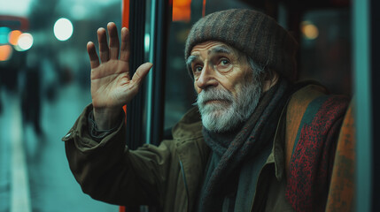 Sad old man waving goodbye on the bus. It's time to leave.