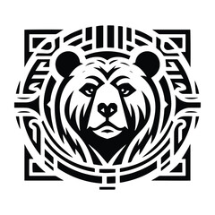 grizzly bear with art deco decoration, stencil logo, black and white animal illustration