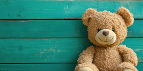 Obraz premium Adorable Bear with Green Wooden Planks Background