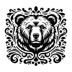 Fototapeta premium grizzly bear with victorian flourish decoration, stencil logo, black and white animal illustration