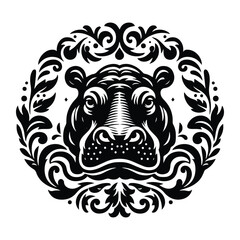 Obraz premium Hippo with victorian flourish decoration, stencil logo, black and white animal illustration