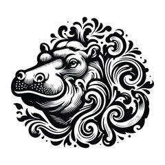 Hippo with victorian flourish decoration, stencil logo, black and white animal illustration