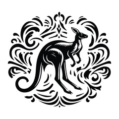 Obraz premium Kangaroo with victorian flourish decoration, stencil logo, black and white animal illustration