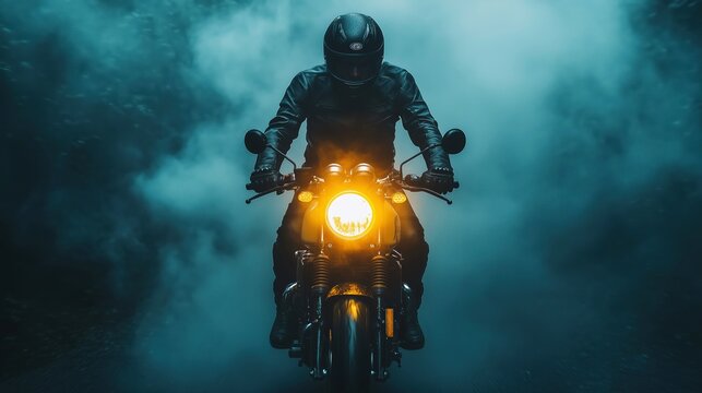 Motorcycle rider in a black suit with a helmet, navigating a misty forest road at night, with yellow headlights illuminating the fog and wet pavement.