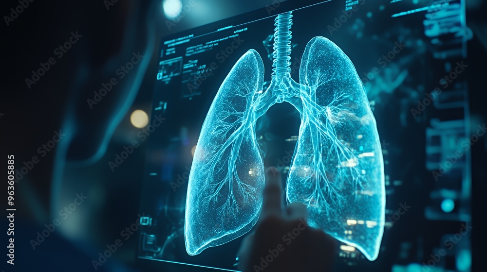 Aufkleber a digital scan of human lungs is shown on a computer screen with a person in the background.