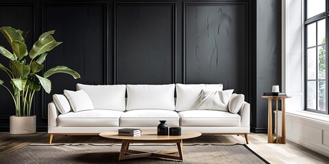 Modern living area adorned with a sophisticated black wall, a comfortable white sofa, and a wooden coffee table near a window