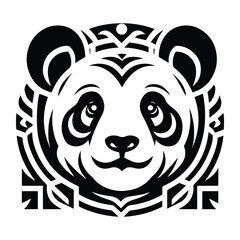 panda with art deco decoration, stencil logo, black and white animal illustration