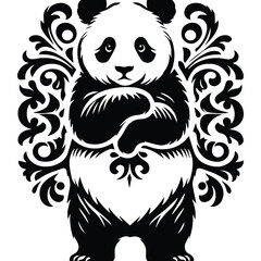 Obraz premium panda with victorian flourish decoration, stencil logo, black and white animal illustration