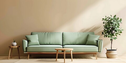Modern living room design showcasing a light green sofa and wooden coffee table against a minimalist beige wall.