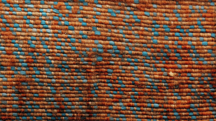 Close-up of woven fabric with orange and blue threads, rustic texture and detailed pattern