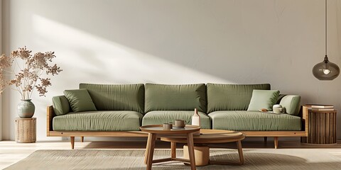 Modern living room design showcasing a light green sofa and wooden coffee table against a minimalist beige wall.