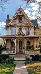 Fototapeta premium A charming Victorian-era house with intricate gingerbread details and a large front porch.