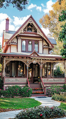 Fototapeta premium A charming Victorian-era house with intricate gingerbread details and a welcoming front porch.
