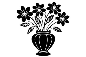 Floral bouquet, flowers in vase. Gorgeous garden rose and wildflowers bunch. Delicate blossoms arrangement. Romantic natural summer decoration. Flat vector silhouette on white background.