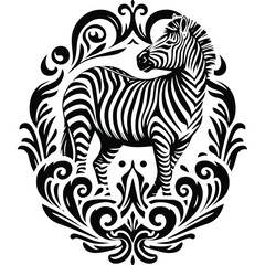Obraz premium Zebra with victorian flourish decoration, stencil logo, black and white animal illustration