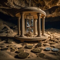 time, hourglass, clock, sand, money, glass, business, sandglass, timer, dollar, currency, hour, object, finance, concept, watch, wealth, cash, sand-glass, hour-glass, gold, wood, success, 3d, bank