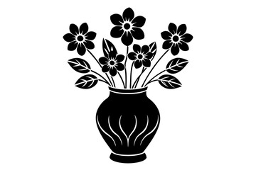 Floral bouquet, flowers in vase. Gorgeous garden rose and wildflowers bunch. Delicate blossoms arrangement. Romantic natural summer decoration. Flat vector silhouette on white background.