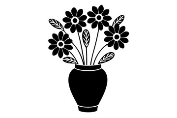 Floral bouquet, flowers in vase. Gorgeous garden rose and wildflowers bunch. Delicate blossoms arrangement. Romantic natural summer decoration. Flat vector silhouette on white background.