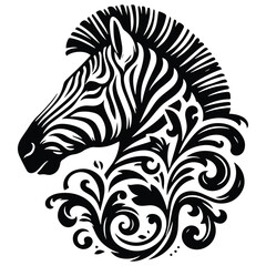 Fototapeta premium Zebra with victorian flourish decoration, stencil logo, black and white animal illustration