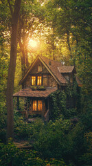 A cozy cottage nestled in a lush forest bathed in warm golden light, creating a sense of peace and tranquility.