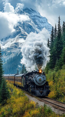 Obraz premium A powerful steam train makes its way through the Canadian Rockies, leaving a plume of smoke in its wake. The train is surrounded by majestic mountains, evergreen trees, and a picturesque blue sky.