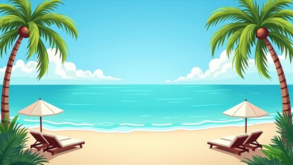 Obraz premium Relax in style at a tropical beach resort with sleek lounge chairs swaying palm trees and pristine crystal clear waters Modern flat design