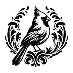 Obraz premium Cardinal bird with victorian flourish decoration, stencil logo, black and white animal illustration