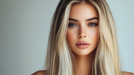 Fototapeta premium Photography of a beautiful young woman with long blonde hair, portrait style, perfect for backgrounds, wallpapers, fashion editorials, or beauty campaigns.