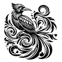 Fototapeta premium cendrawasih bird with victorian flourish decoration, stencil logo, black and white animal illustration