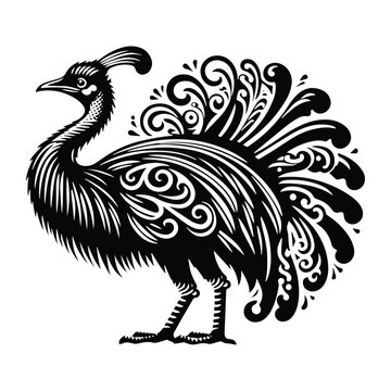 recommend clip art: Cassowary bird with victorian flourish decoration, stencil logo, black and white animal illustration
