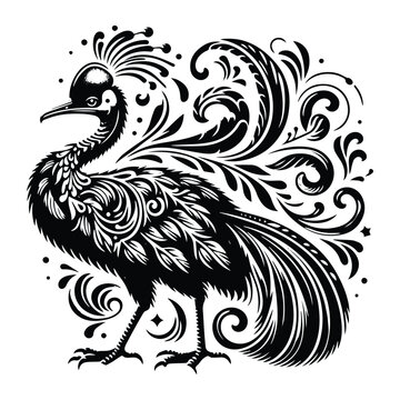 recommend clip art: Cassowary bird with victorian flourish decoration, stencil logo, black and white animal illustration