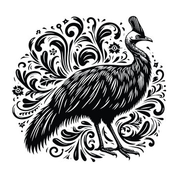 recommend clip art: Cassowary bird with victorian flourish decoration, stencil logo, black and white animal illustration