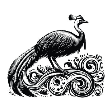 recommend clip art: Cassowary bird with victorian flourish decoration, stencil logo, black and white animal illustration