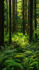 Obraz premium Lush green forest with sunlight shining through the trees