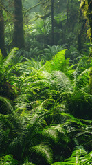 A lush green rainforest on Vancouver Island, with sunlight filtering through the canopy.