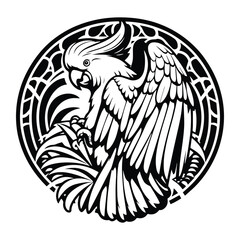 Obraz premium Cockatoo bird with art nouveau decoration, stencil logo, black and white animal illustration