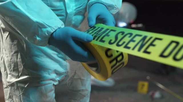 A forensic scientist rolling out police tape at a crime scene at night, while other experts collect evidence in the background.