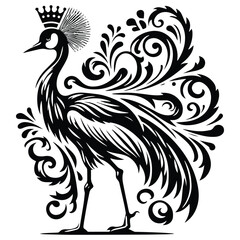 Fototapeta premium Crowned Crane bird with victorian flourish decoration, stencil logo, black and white animal illustration