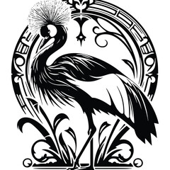 Fototapeta premium Crowned Crane bird with art nouveau decoration, stencil logo, black and white animal illustration