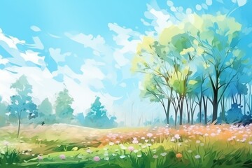 Obraz premium Beautiful blurred spring background nature with blooming glade, trees and blue sky on a sunny day. generative ai. 
