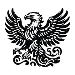 Obraz premium Eagle bird with victorian flourish decoration, stencil logo, black and white animal illustration