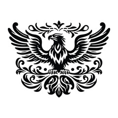 Obraz premium Eagle bird with victorian flourish decoration, stencil logo, black and white animal illustration