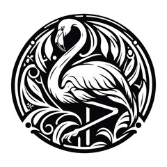 Fototapeta premium Flamingo bird with art nouveau decoration, stencil logo, black and white animal illustration