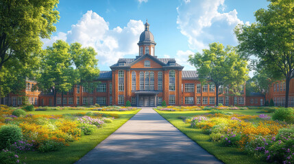 Obraz premium Grand brick school building with a prominent dome, surrounded by lush gardens and trees on a sunny day. Elegant educational campus, historic architecture.