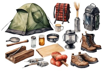 Big watercolor set of camping and hiking equipment, outdoors adventure, recreation tourism. Isolated items needed in the journey. 