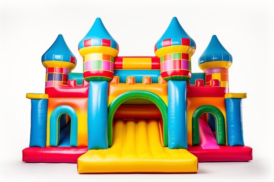 Big colorful bouncy castle, colorful inflatable bouncy castle toy isolated on white background, concept of children's playground, outdoor toy. 