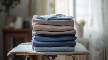 "Stack of clothes and an iron on the table. Housework essentials."







