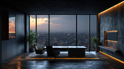 Executive office with panoramic city view at dusk, featuring a minimalist design and sophisticated lighting. Corporate workspace, urban skyline, professional atmosphere, high-rise building